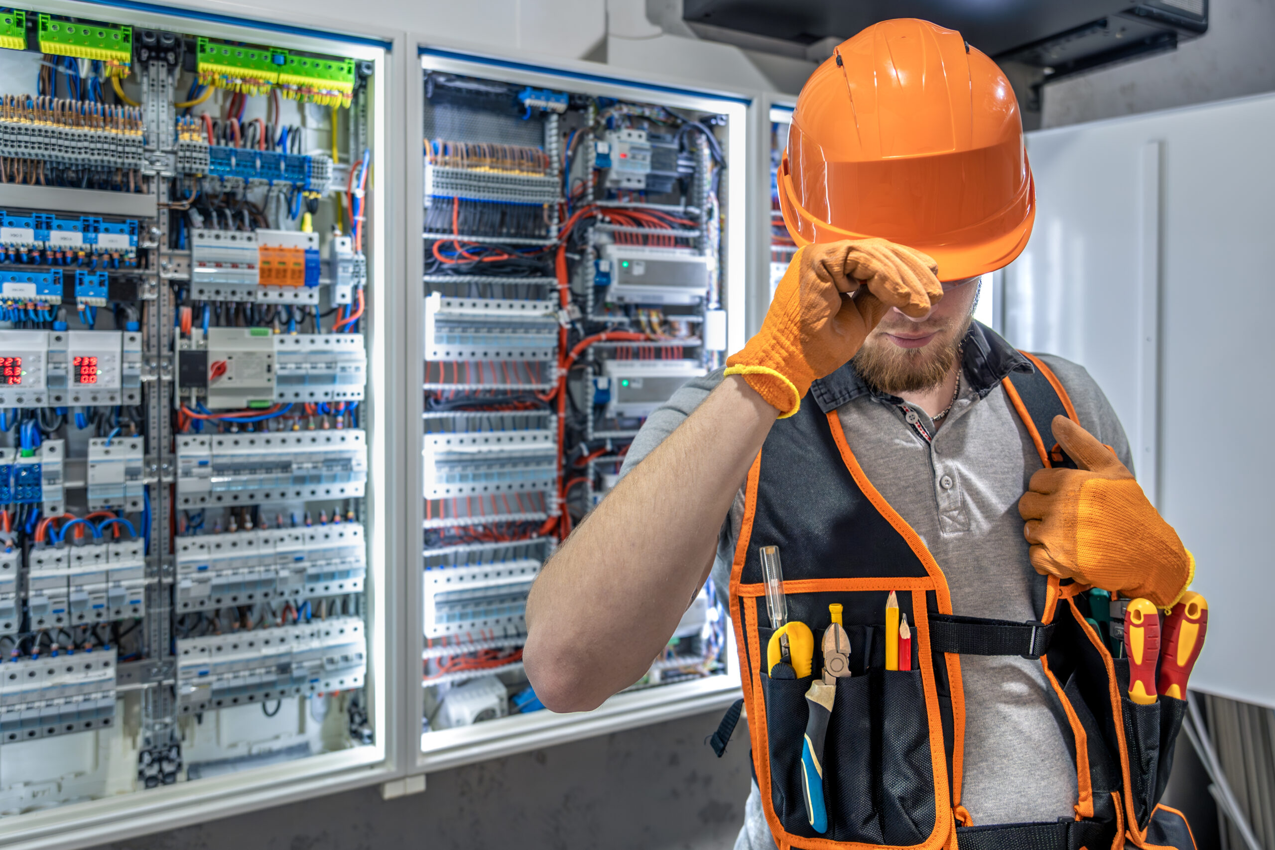 Electrician man in overalls works in the switchboard. Portrait of an electrician in overalls. High quality photo. Safety glasses, hard hat and electrical shield. SSUCv3H4sIAAAAAAAAA41PQY6DMAz8i88gQUNp4CtVDyHxUqtAqsRstUL5+zqUaq+b04wnnhlvQA56UK3STrdV6S6VLusav8qhq0xpL02DWmnbWgcFOMMIfa2Urrv61J3PjTpV8goYTCQL/QY0TWvkYJj8Ar0oAReHYYfoiH0gMwlLBUQ2vEaMsibMivco6s4/ftctz6WghMd1yCAV/5zdCjAjLvYn+6dcZEKzx11FerwYw3xke77nihk+A1laxqOTnOLnN1485909gb19kDuW32fcSaYhZ8H6nLxx6A55HWZi/tCA34Svv98ppV99RyPshAEAAA==